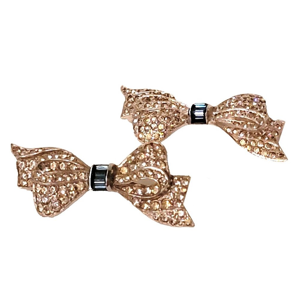 40s-50s Pair Ribbon Bow Scatter Pins Rhinestone Rhodium Pot Metal Brooch Set